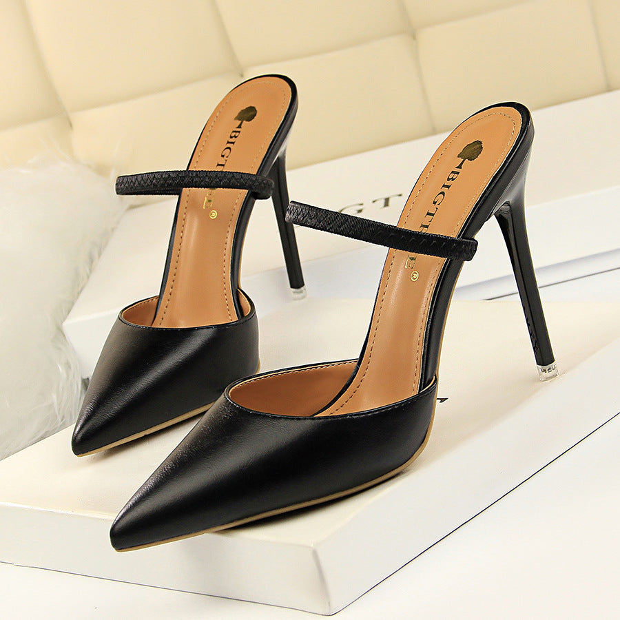 Simple Closed Toe Slippers Stiletto Heel Shallow Mouth Pointed Toe Hollow Out Cutout out Strap Women Slippers