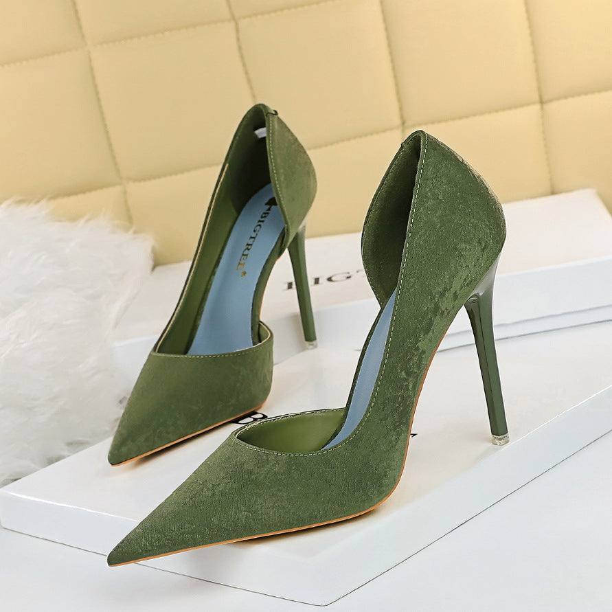 Fashionable Sexy Figure Flattering Side Hollow Out Cutout High Heels Stiletto Heel Cloth Surface Shallow Mouth Pointed Toe Super High Heel Pumps
