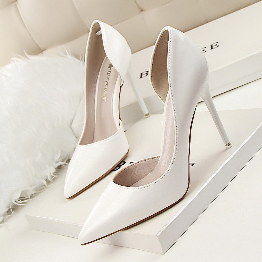Simple Stiletto Heel Patent Leather Low Cut Pointed Toe Hollowed Sexy Slimming High Heels Pumps
