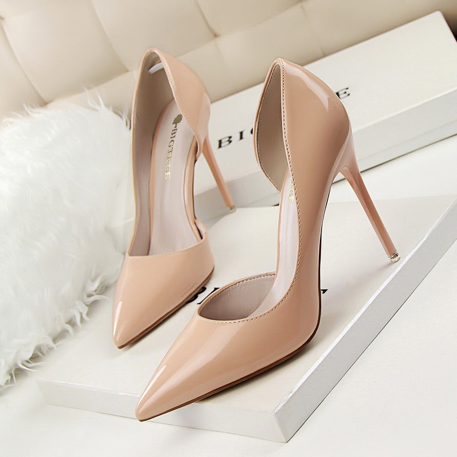 Simple Stiletto Heel Patent Leather Low Cut Pointed Toe Hollowed Sexy Slimming High Heels Pumps