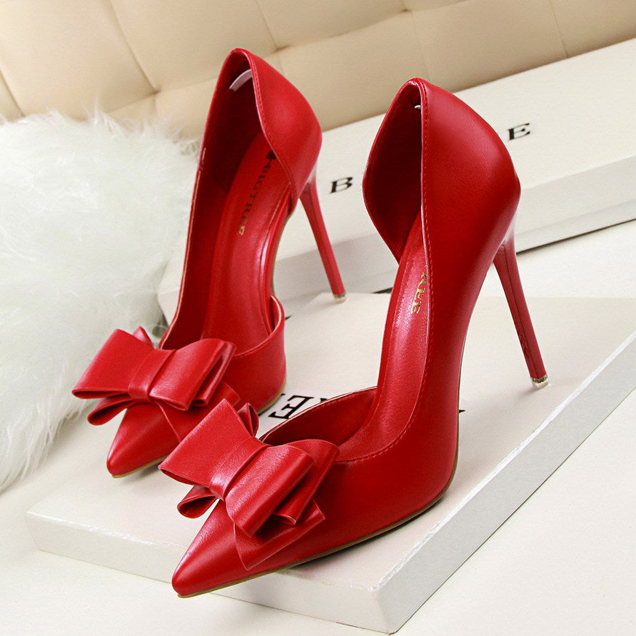 Fashionable Sweet Bowknot High Heels Stiletto Heel Shallow Mouth Pointed Toe Side Hollow Out Cutout out Pumps