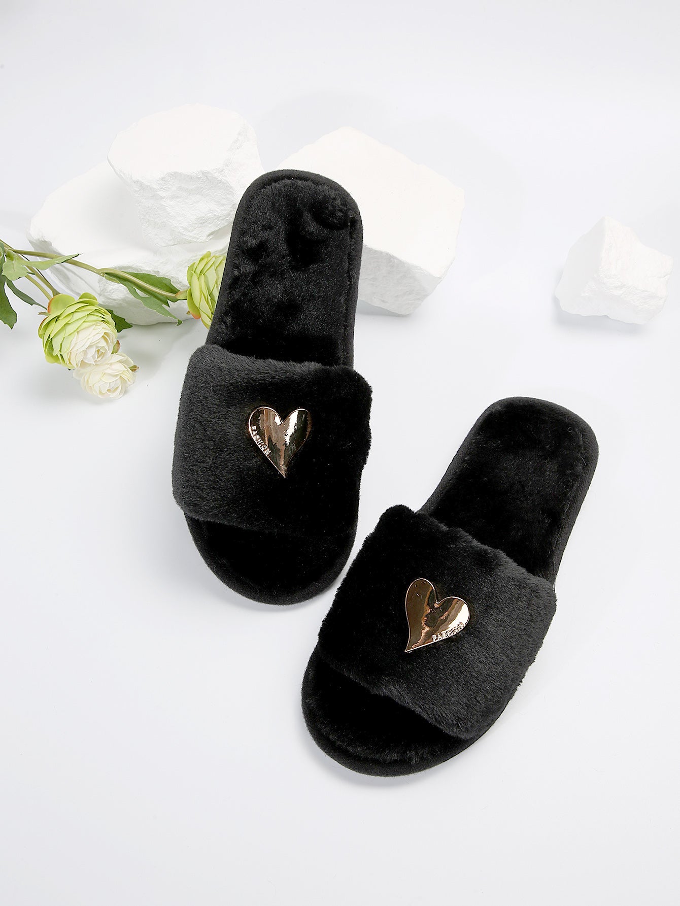 Fluffy Slippers Heart-Shaped Flat Slippers Women Home Casual Anti Rabbit Fur Cotton Slippers Women