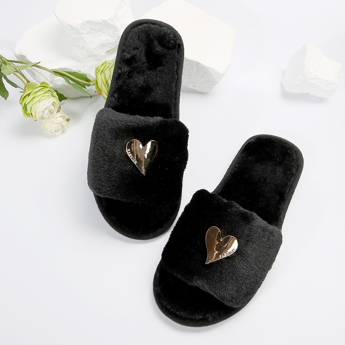 Fluffy Slippers Heart-Shaped Flat Slippers Women Home Casual Anti Rabbit Fur Cotton Slippers Women