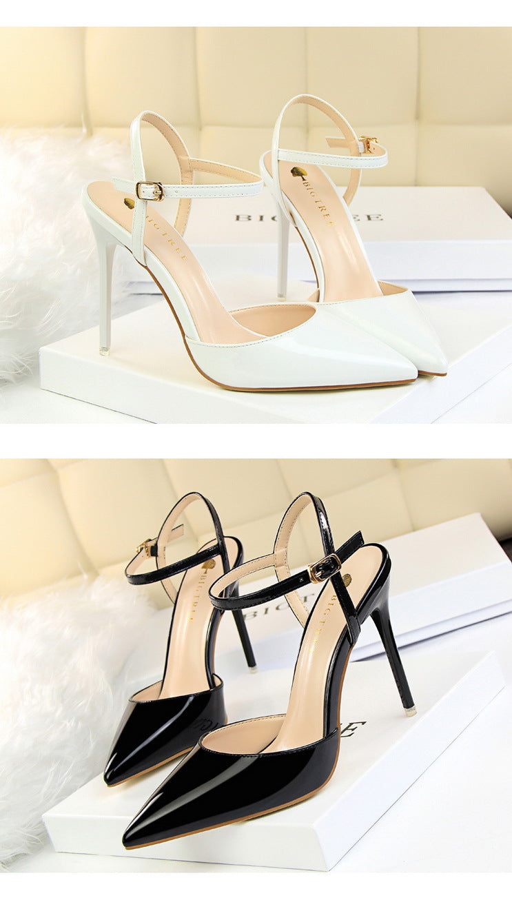 Simple Stiletto Heel Shallow Mouth Pointed Patent Leather Sexy Nightclub Slim Fit Strap Women Sandals