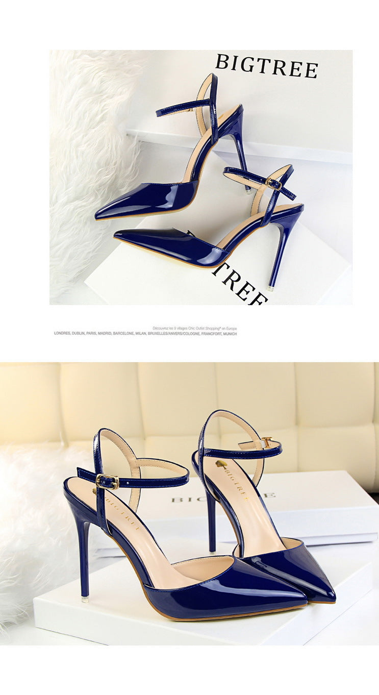 Simple Stiletto Heel Shallow Mouth Pointed Patent Leather Sexy Nightclub Slim Fit Strap Women Sandals