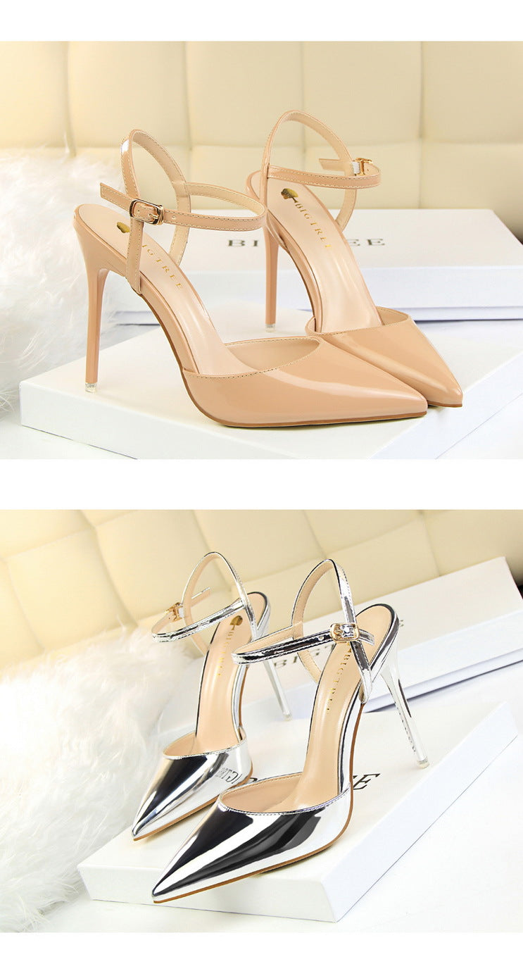 Simple Stiletto Heel Shallow Mouth Pointed Patent Leather Sexy Nightclub Slim Fit Strap Women Sandals