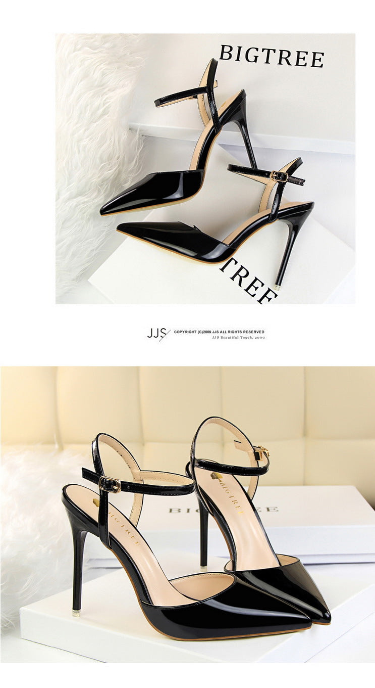Simple Stiletto Heel Shallow Mouth Pointed Patent Leather Sexy Nightclub Slim Fit Strap Women Sandals