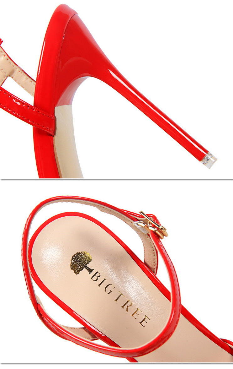 Simple Stiletto Heel Shallow Mouth Pointed Patent Leather Sexy Nightclub Slim Fit Strap Women Sandals