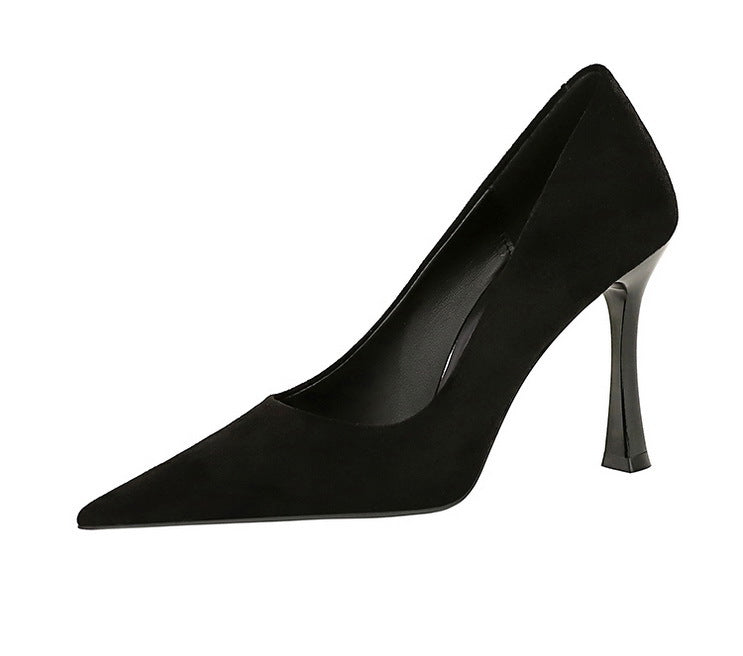 Simple Thin Cocktail High Heels Wine Glass Heel Super High Heel Suede Shallow Mouth Pointed Toe Women Shoes