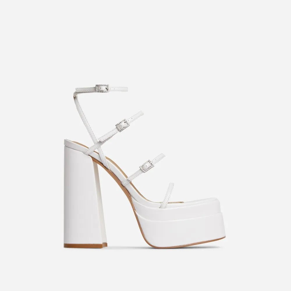 Summer Black White Green Blue 16cm Chunky Heel High Heel Rhinestone Buckle Cross Buckle Sandals Women Waterproof Platform Heels