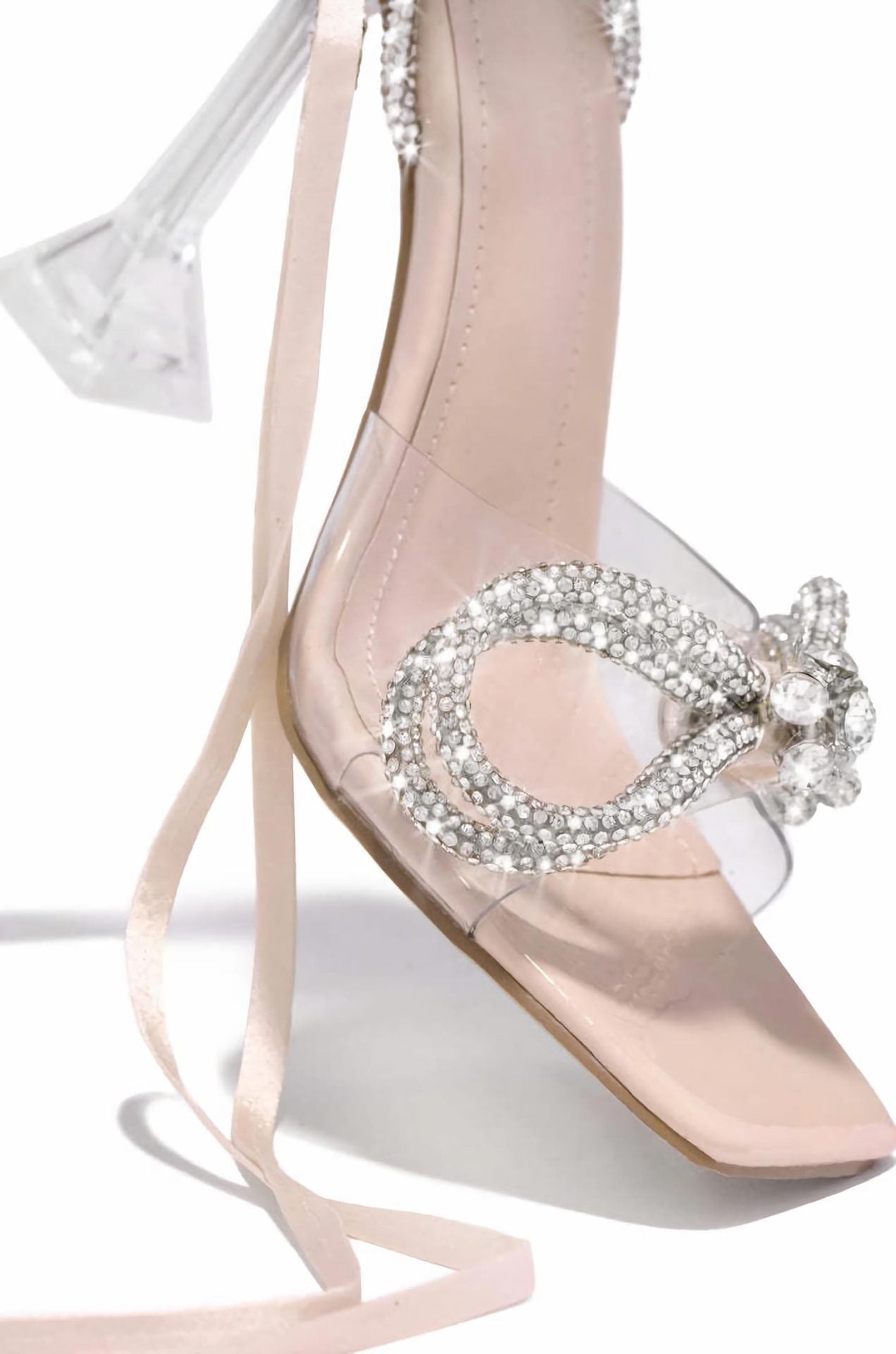 Transparent High Heel Sandals Ankle Rhinestone Tied Heels Square Head 9cm Bow Transparent Stiletto Women Shoes