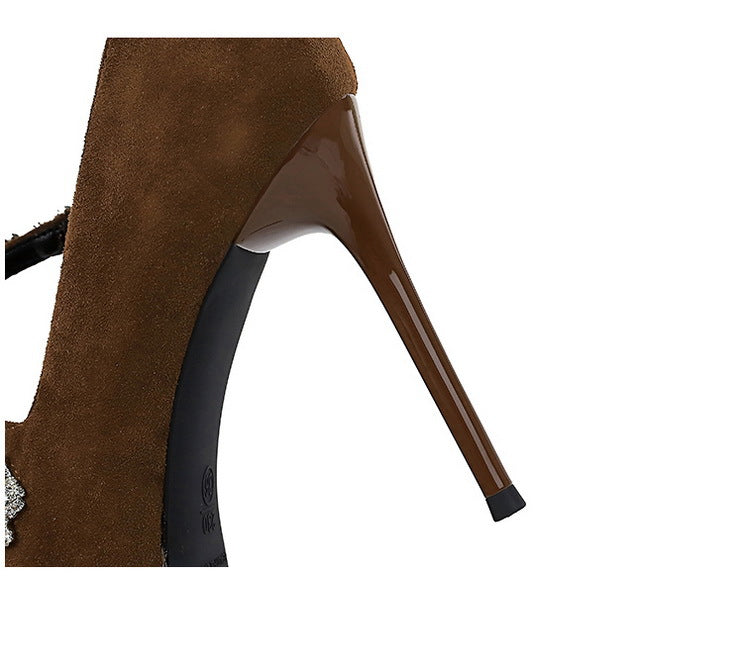 Cocktail High Heels Stiletto Low Cut Suede Pointed Toe Waterproof Platform Rhinestone Ankle Strap High Heel Pumps