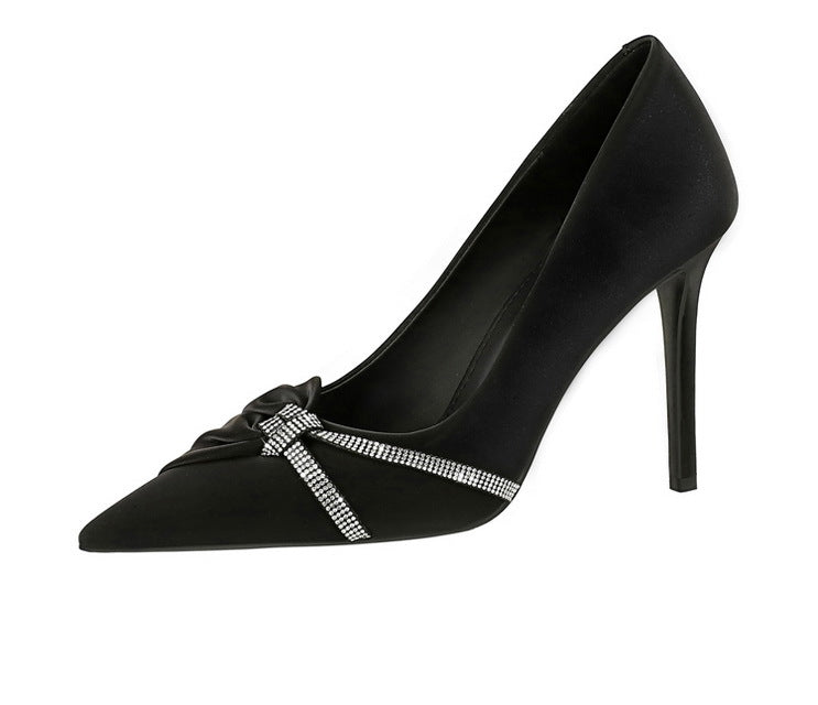 Cocktail High Heels Stiletto Heel Shallow Mouth Pointed Toe Rhinestone Bow Pumps Women Shoes
