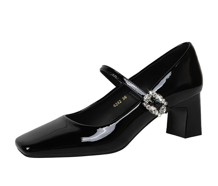 Cocktail Mary Jane Women Shoes Square Toe Low Cut Patent Leather Strap Rhinestone Buckle Chunky Heel Mid Heel Shoes