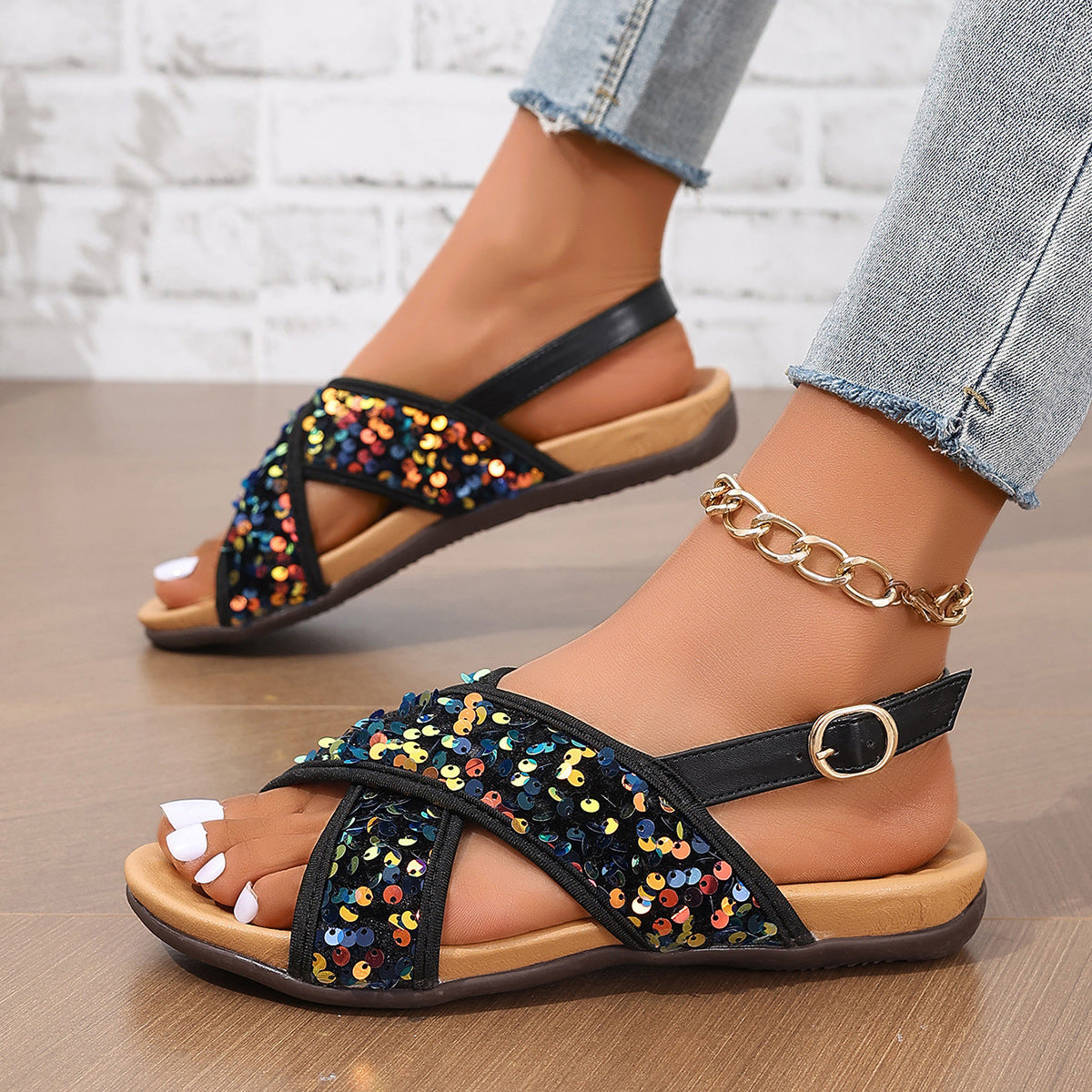 Black Paillette Double Cross Women Beach Sandals Bare Strap Comfortable Women Flat Sandals