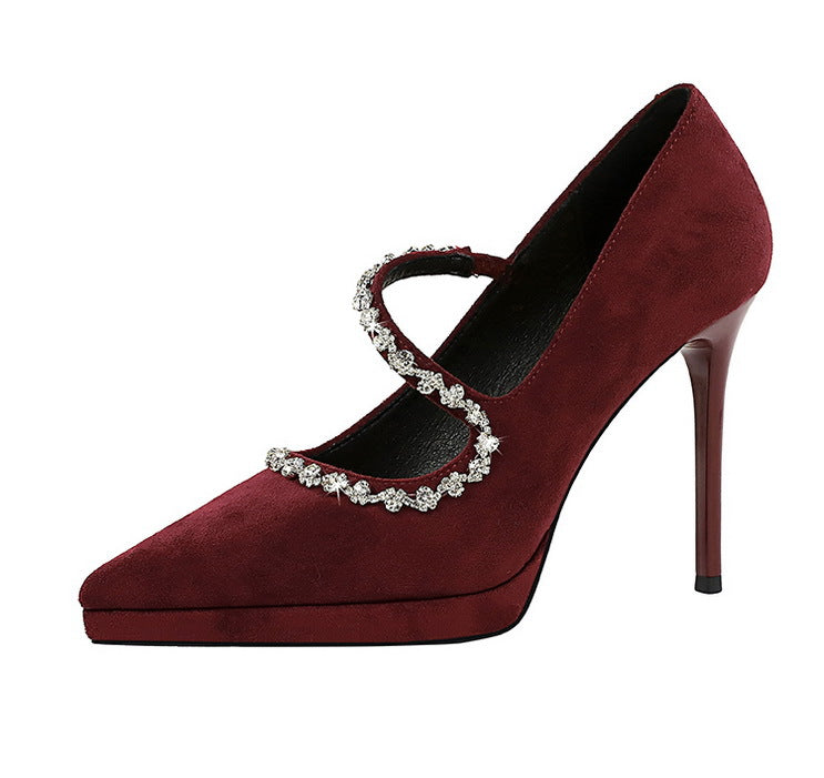 Cocktail High Heels Stiletto Low Cut Suede Pointed Toe Waterproof Platform Rhinestone Ankle Strap High Heel Pumps