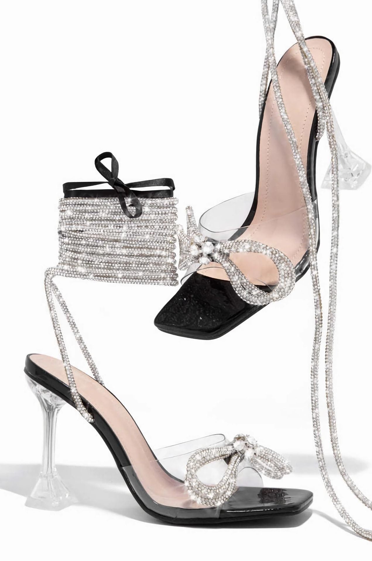 Transparent High Heel Sandals Ankle Rhinestone Tied Heels Square Head 9cm Bow Transparent Stiletto Women Shoes