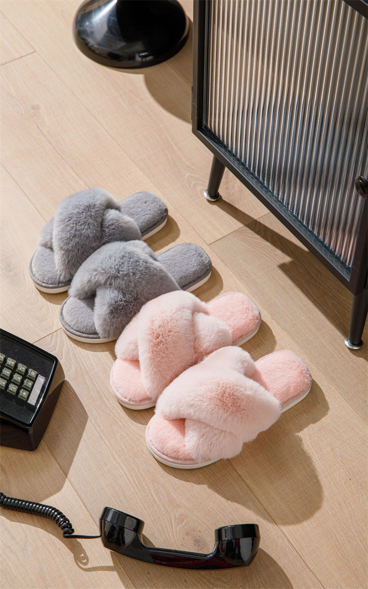Women Fluffy Slippers Outerwear Cross Household Indoor Plush Lazy Cotton Slippers