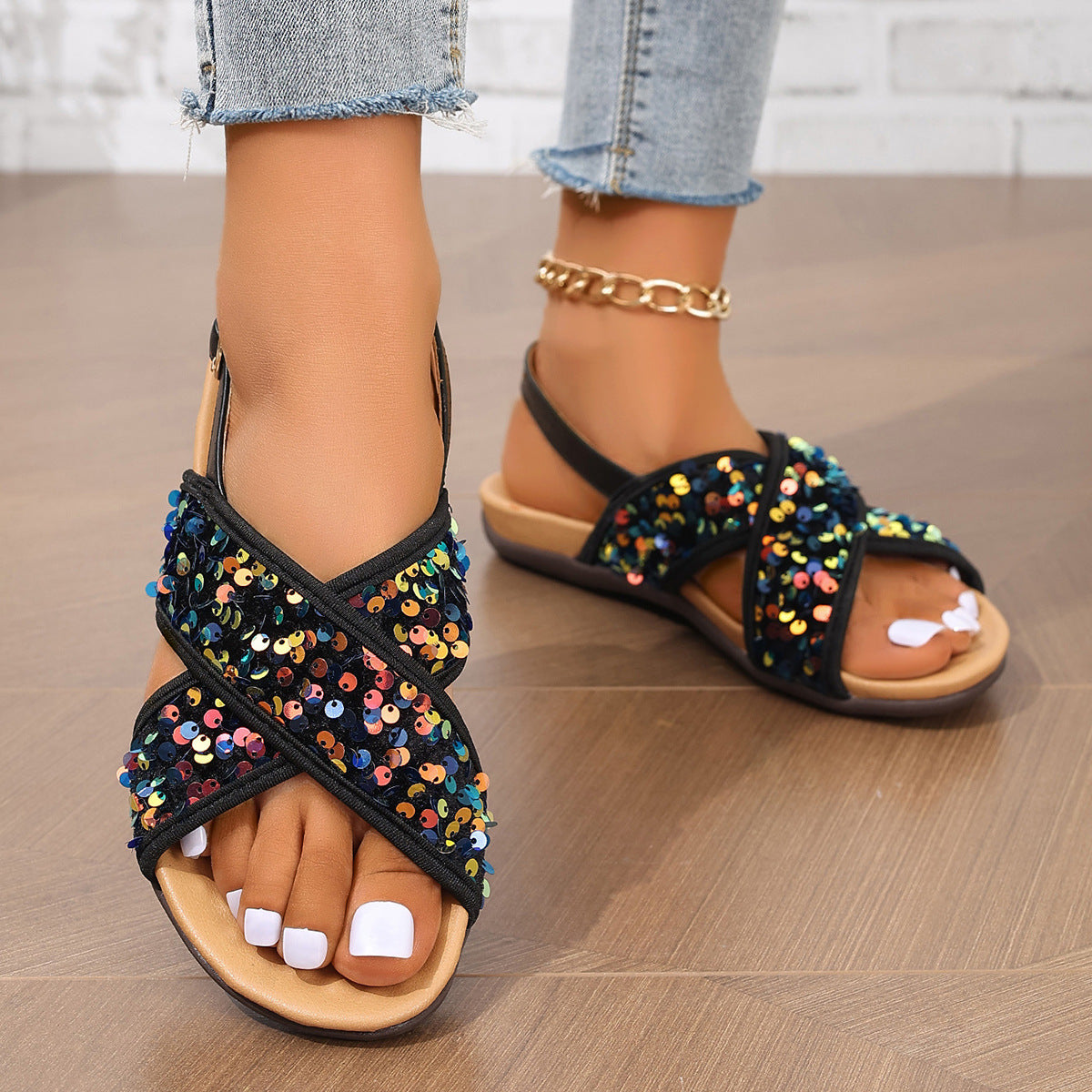 Black Paillette Double Cross Women Beach Sandals Bare Strap Comfortable Women Flat Sandals