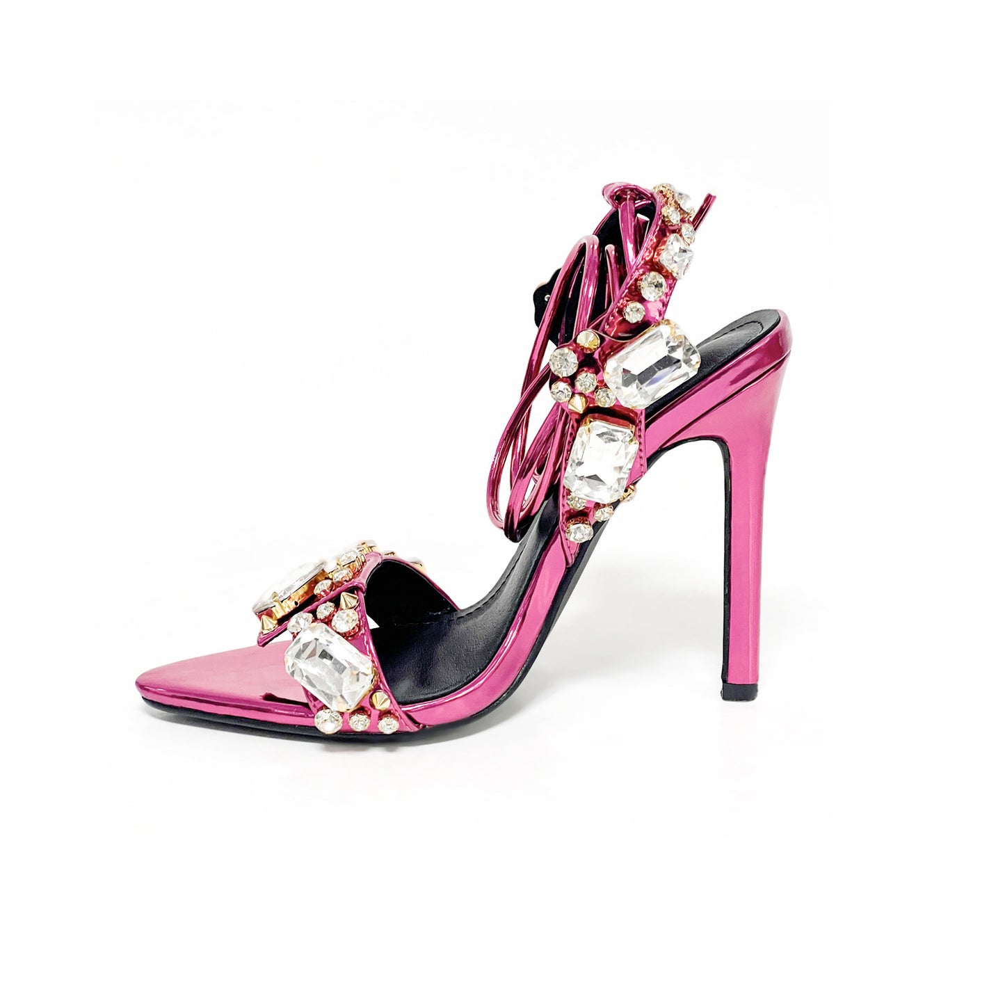 Pointed Toe 11cm Women Rhinestone Lace up Sexy Open Toe High Heel Sandals Gold Silver Green Purple High Heels Heels