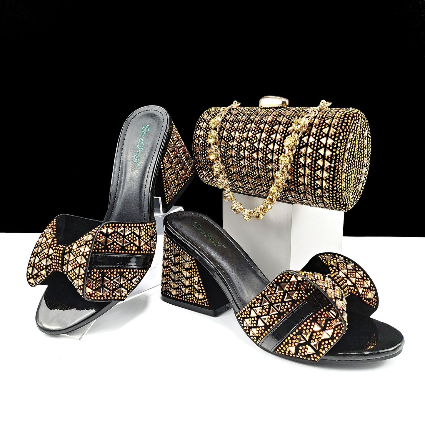 Women Shoes Bags Two Piece Sets Summer Mouth High Heel Slippers Color Matching Rhinestone Embellished Cylindrical Bag Casual