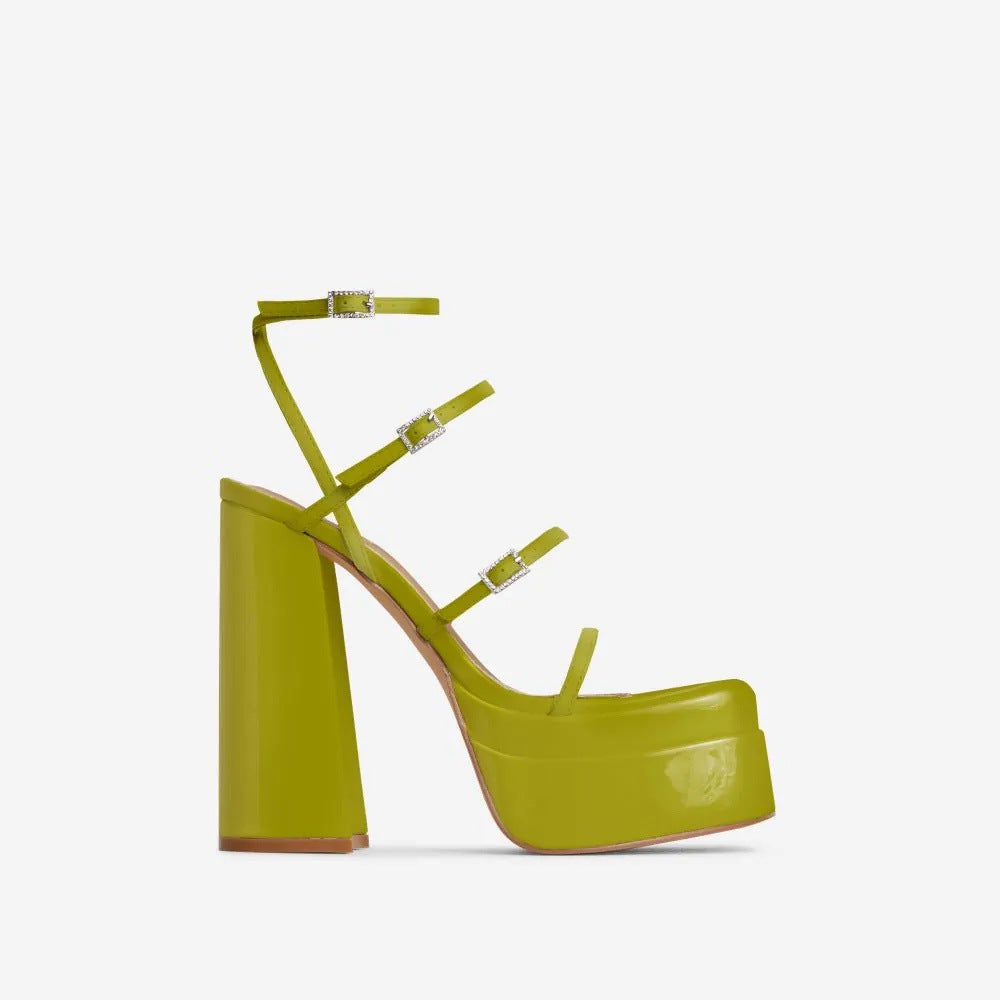 Summer Black White Green Blue 16cm Chunky Heel High Heel Rhinestone Buckle Cross Buckle Sandals Women Waterproof Platform Heels