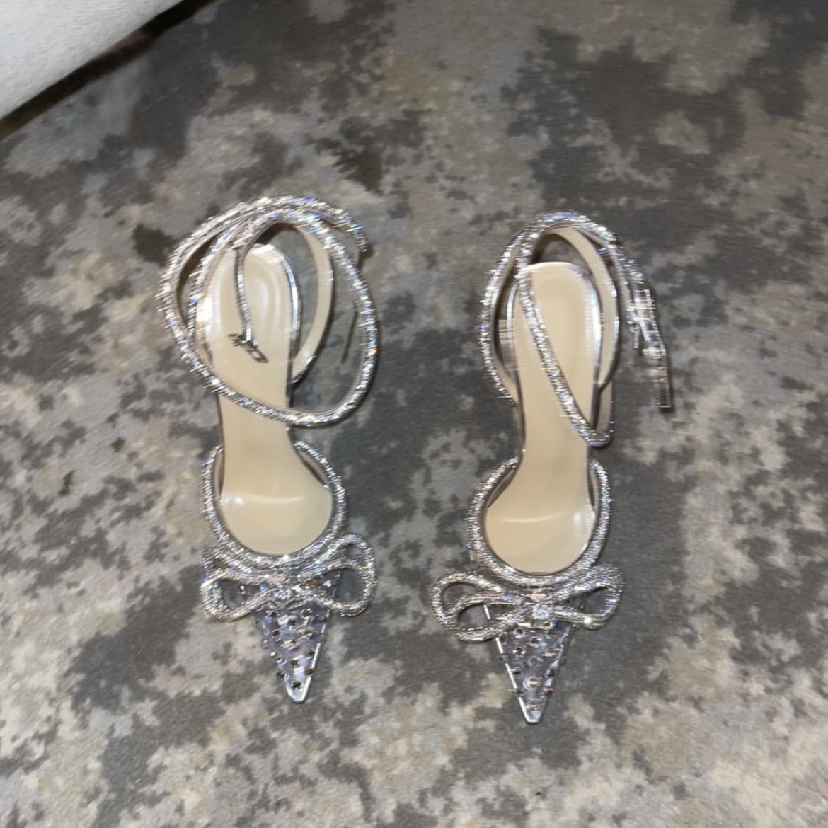 Summer Transparent Pink Stiletto 8.5cm Pointed Toe Rhinestone Heels Bowknot Women Shoes
