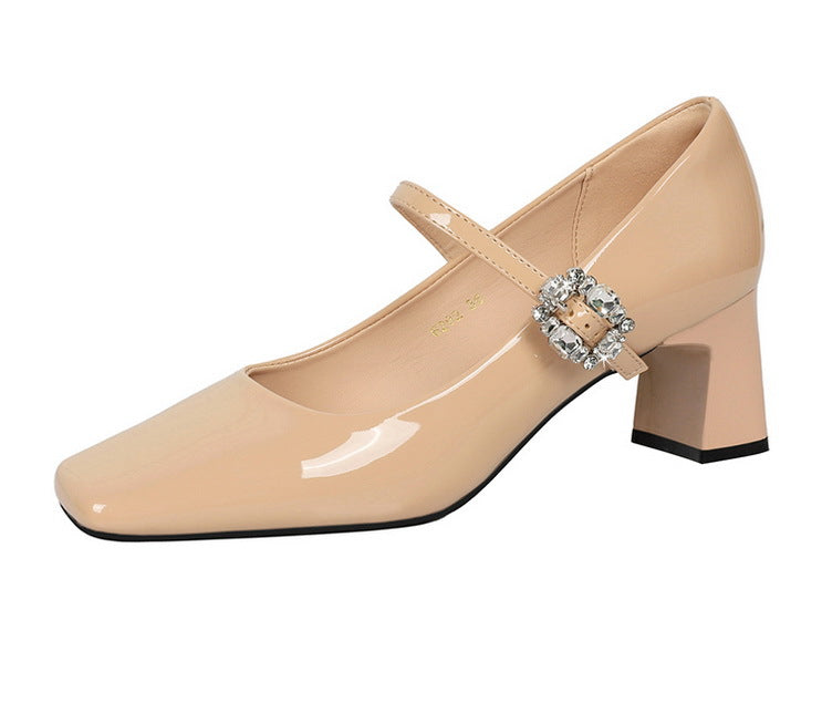 Cocktail Mary Jane Women Shoes Square Toe Low Cut Patent Leather Strap Rhinestone Buckle Chunky Heel Mid Heel Shoes
