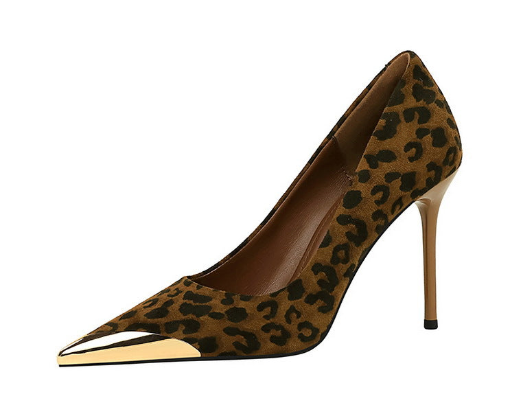 Cocktail Women Shoes Leopard Print High Heels Stiletto Suede Shallow Mouth Metal Pointed Toe Pumps Super High Heel