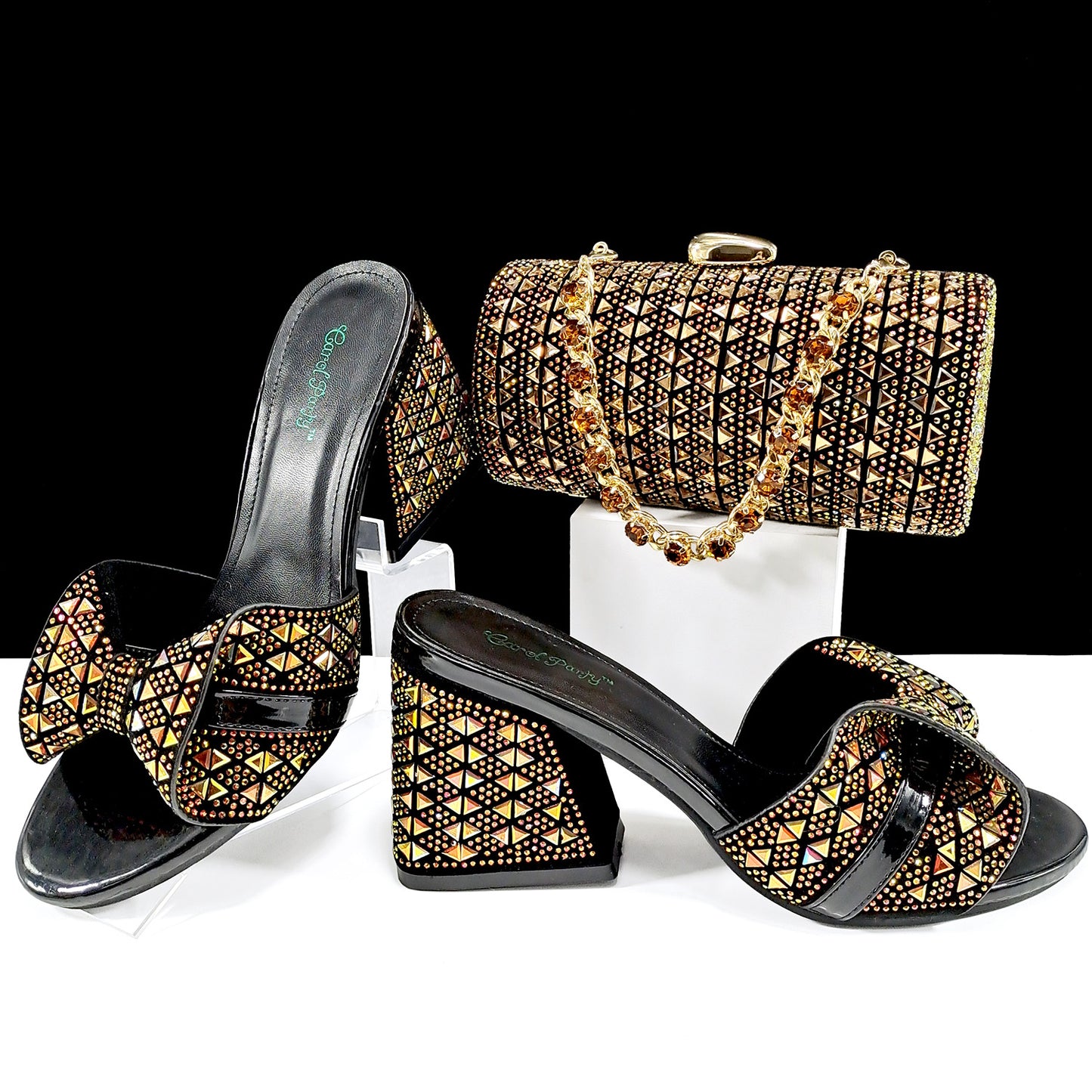 Women Shoes Bags Two Piece Sets Summer Mouth High Heel Slippers Color Matching Rhinestone Embellished Cylindrical Bag Casual