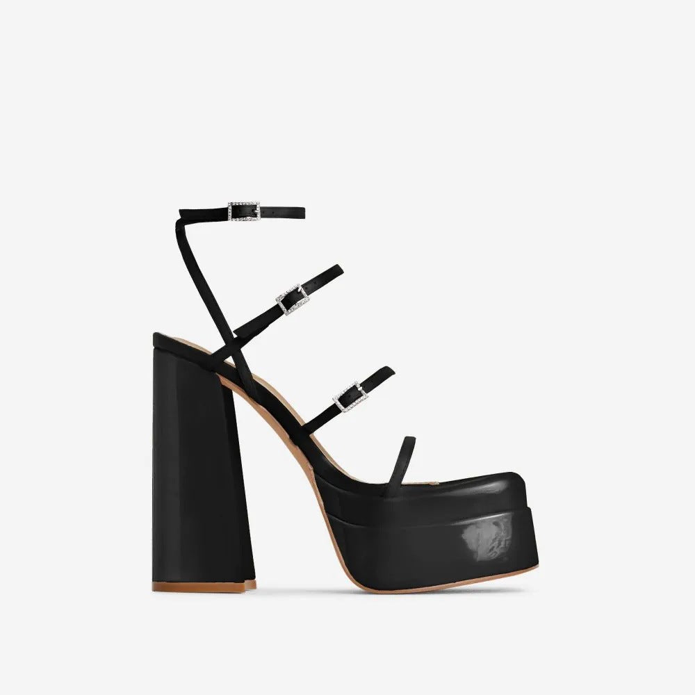 Summer Black White Green Blue 16cm Chunky Heel High Heel Rhinestone Buckle Cross Buckle Sandals Women Waterproof Platform Heels