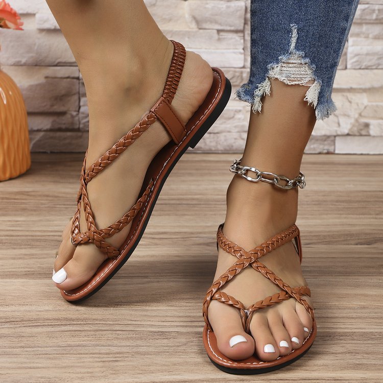 Women Flip Toe Woven Flat Beach Sandals Casual plus Size Internet Sandals Slip on Women Shoes
