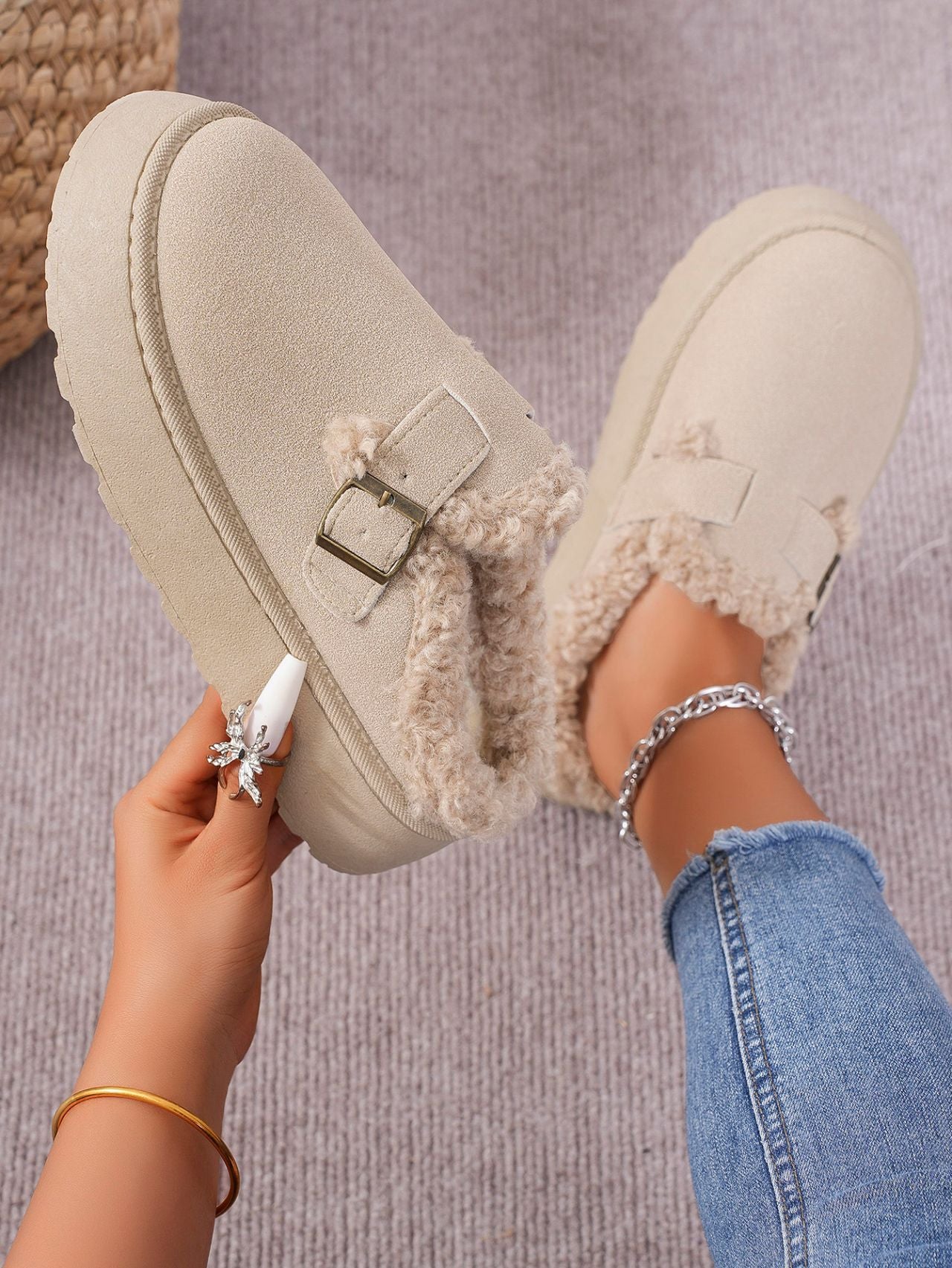 Autumn Winter Thick Bottom Plush Buckle Thermal Cotton Slippers Casual Women Shoes