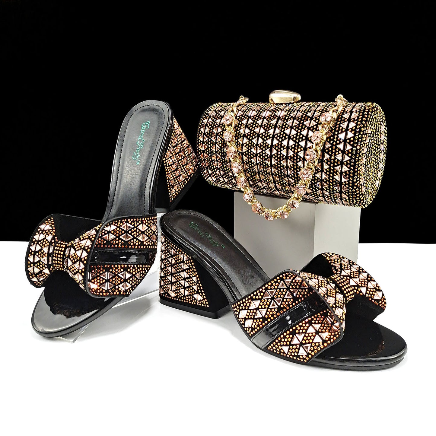 Women Shoes Bags Two Piece Sets Summer Mouth High Heel Slippers Color Matching Rhinestone Embellished Cylindrical Bag Casual