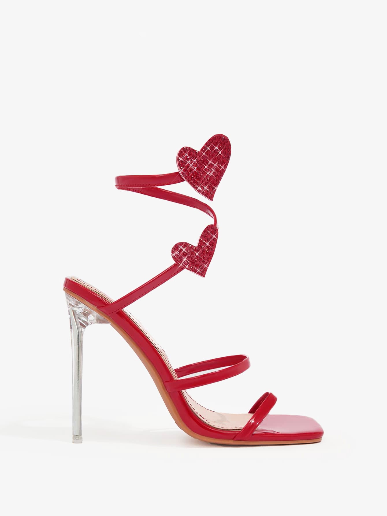 High Heel Sandals Women Heels Heart Shaped Winding Strap 11cm Stiletto Square Toe Clear Heel Women