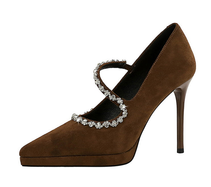 Cocktail High Heels Stiletto Low Cut Suede Pointed Toe Waterproof Platform Rhinestone Ankle Strap High Heel Pumps