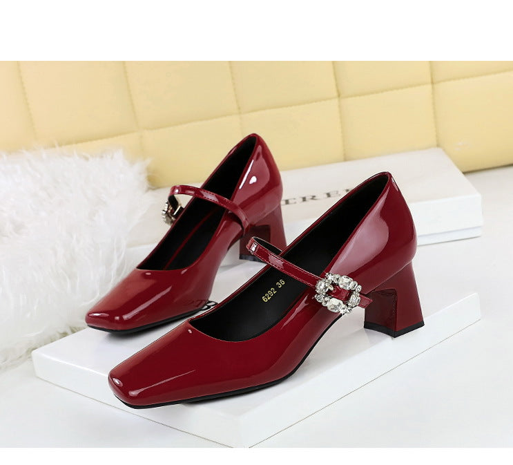 Cocktail Mary Jane Women Shoes Square Toe Low Cut Patent Leather Strap Rhinestone Buckle Chunky Heel Mid Heel Shoes