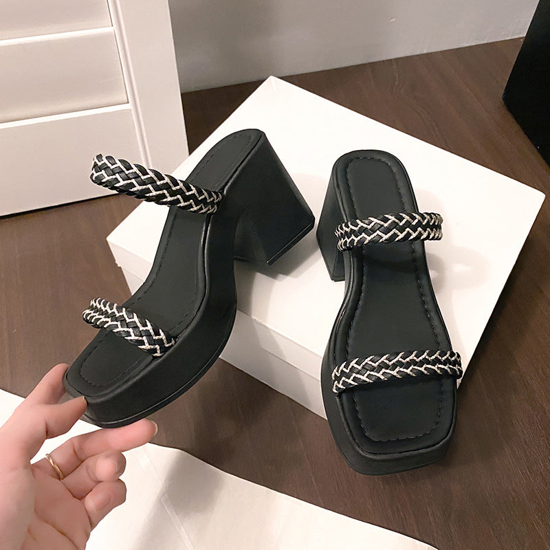 Knitted Belt High Heel Slippers Women Retro Chunky Heel Square Toe Sandals