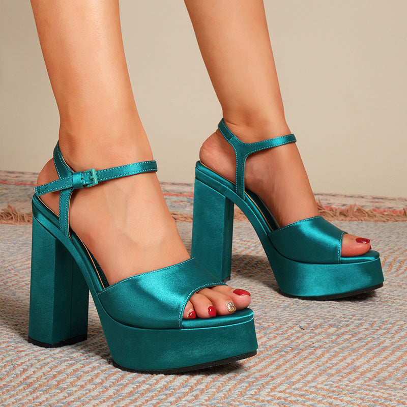 Peep Toe Sandals Women plus Size Satin Fabric Chunky Heel Ankle Ring Buckle Sandals