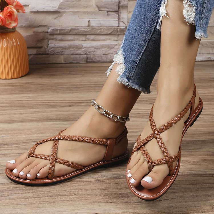 Women Flip Toe Woven Flat Beach Sandals Casual plus Size Internet Sandals Slip on Women Shoes