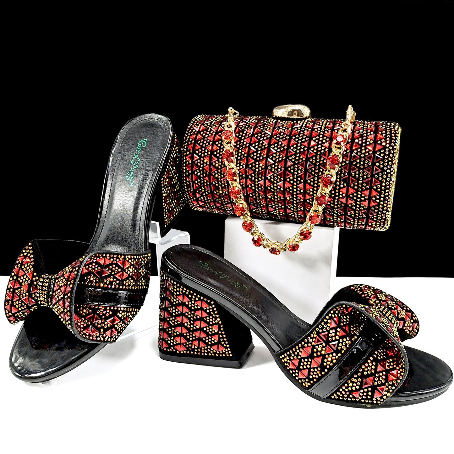 Women Shoes Bags Two Piece Sets Summer Mouth High Heel Slippers Color Matching Rhinestone Embellished Cylindrical Bag Casual