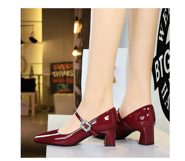Cocktail Mary Jane Women Shoes Square Toe Low Cut Patent Leather Strap Rhinestone Buckle Chunky Heel Mid Heel Shoes