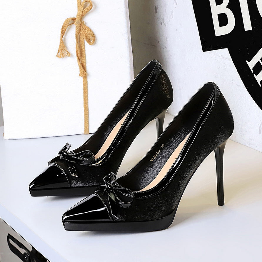Stitching Pointed Toe Cocktail High Heel Shoes Waterproof Platform Bow Shallow Mouth Sexy Shoes