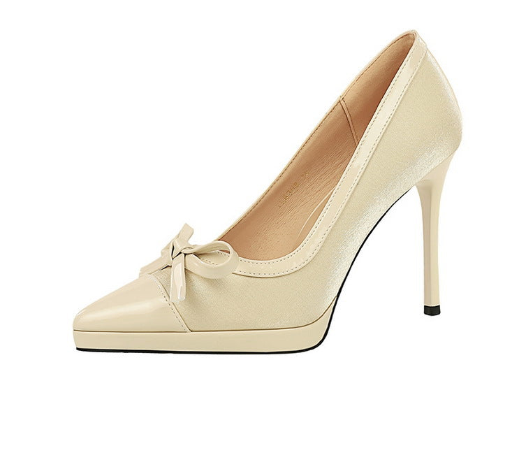 Stitching Pointed Toe Cocktail High Heel Shoes Waterproof Platform Bow Shallow Mouth Sexy Shoes