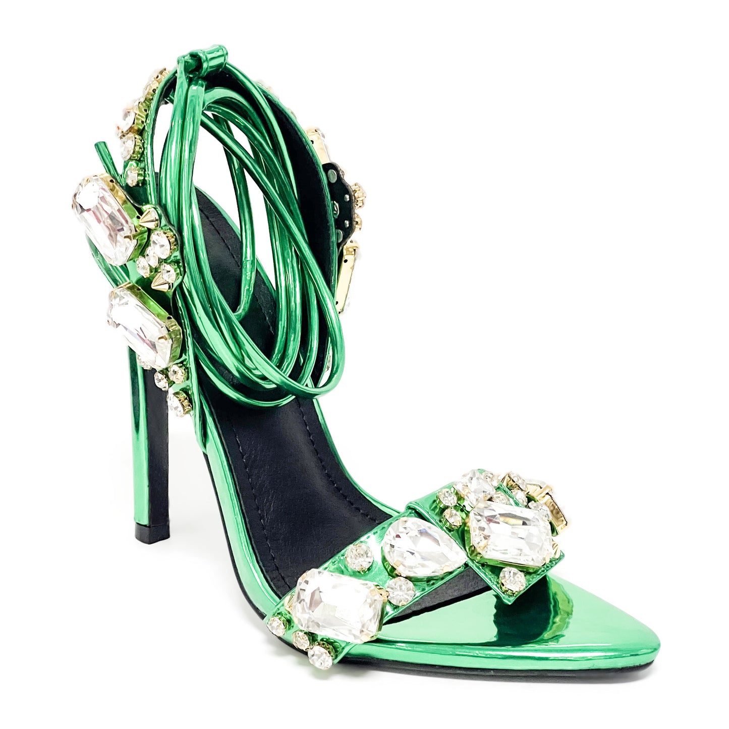 Pointed Toe 11cm Women Rhinestone Lace up Sexy Open Toe High Heel Sandals Gold Silver Green Purple High Heels Heels