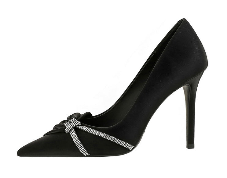 Cocktail High Heels Stiletto Heel Shallow Mouth Pointed Toe Rhinestone Bow Pumps Women Shoes