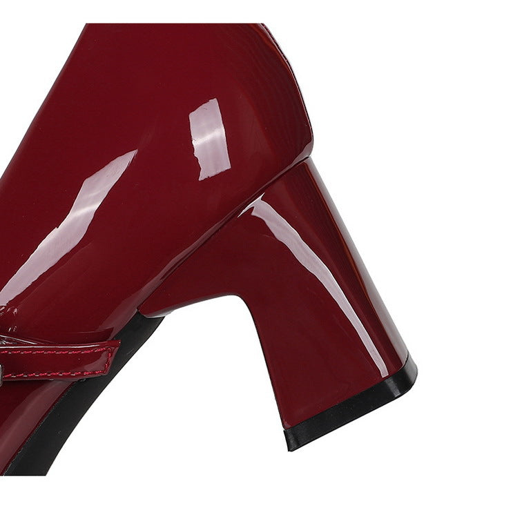 Cocktail Mary Jane Women Shoes Square Toe Low Cut Patent Leather Strap Rhinestone Buckle Chunky Heel Mid Heel Shoes