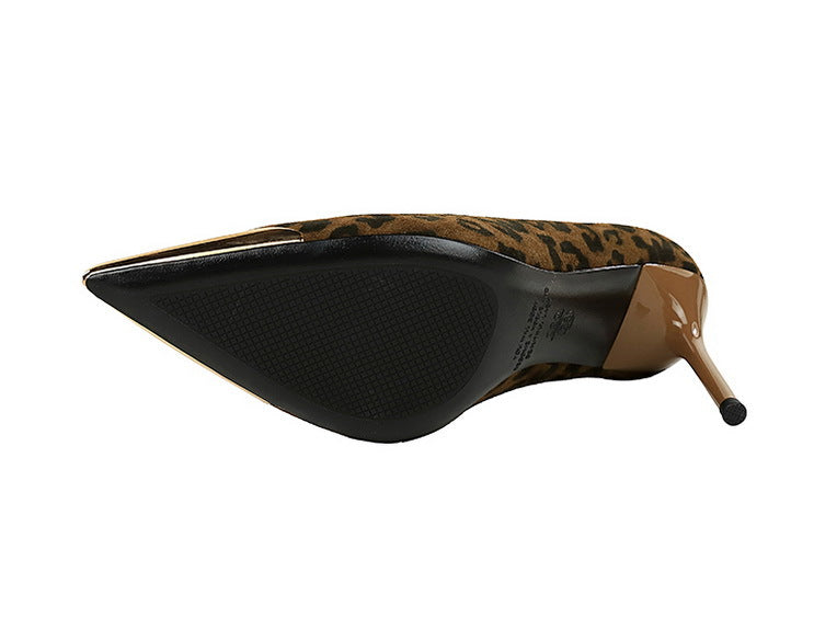 Cocktail Women Shoes Leopard Print High Heels Stiletto Suede Shallow Mouth Metal Pointed Toe Pumps Super High Heel