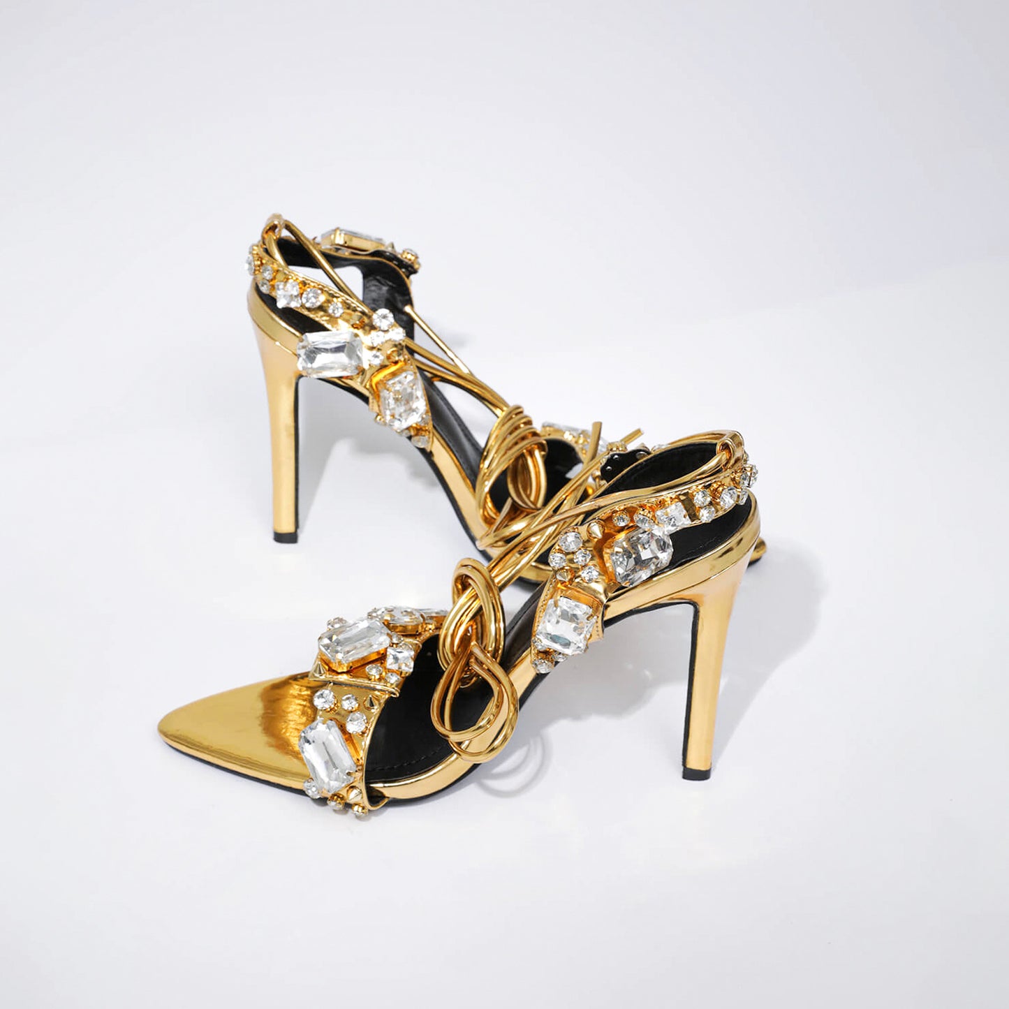 Pointed Toe 11cm Women Rhinestone Lace up Sexy Open Toe High Heel Sandals Gold Silver Green Purple High Heels Heels
