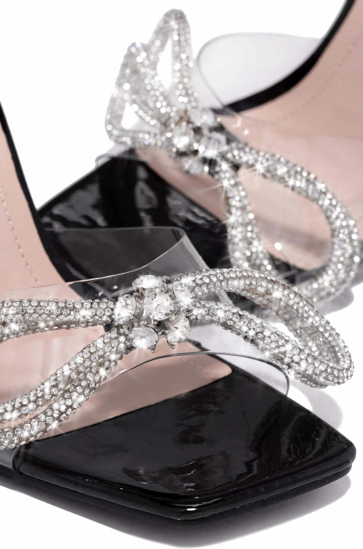 Transparent High Heel Sandals Ankle Rhinestone Tied Heels Square Head 9cm Bow Transparent Stiletto Women Shoes